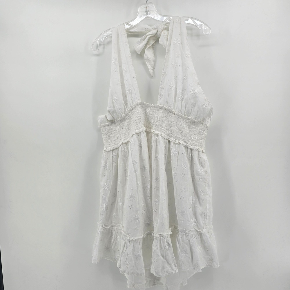 Aerie White Eyelet Halter Mini Dress Smocked Waist Ruffle Hem New XL - Picture 2 of 10